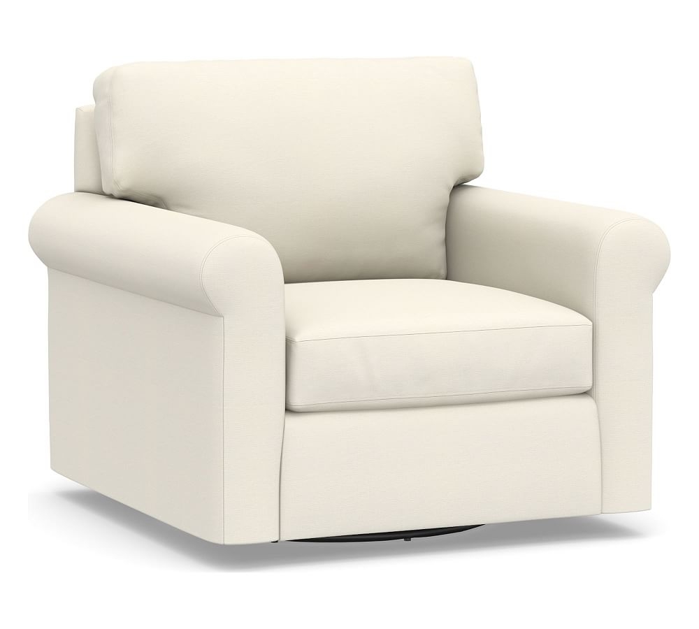 York Roll Arm Upholstered Swivel Armchair, Down Blend Wrapped Cushions, Textured Twill Ivory - Image 0