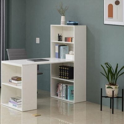 Computer Writing Workstation Table With Combo Bookshelf Bookcase, White  Medium - Image 0