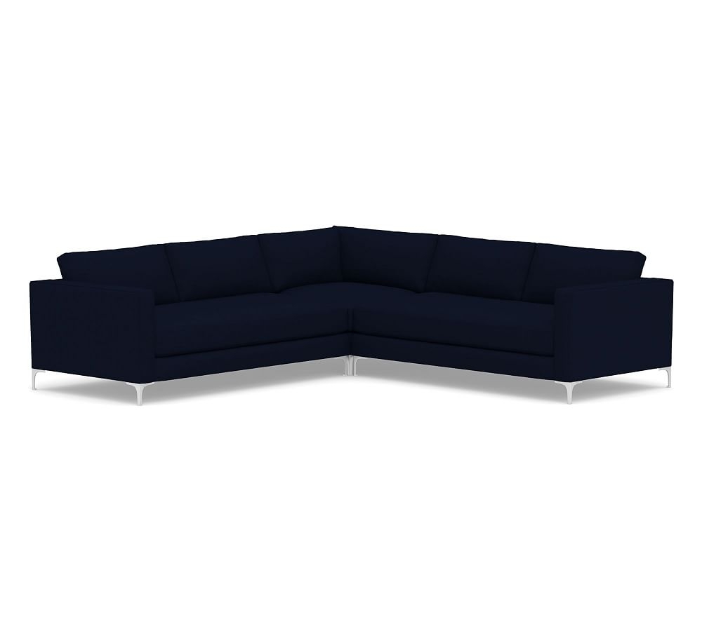 Jake Upholstered 3-Piece L-Shaped Corner Sectional, Bench Cushion, Brushed Nickel Legs, Polyester Wrapped Cushions, Performance Everydaylinen(TM) Navy - Image 0