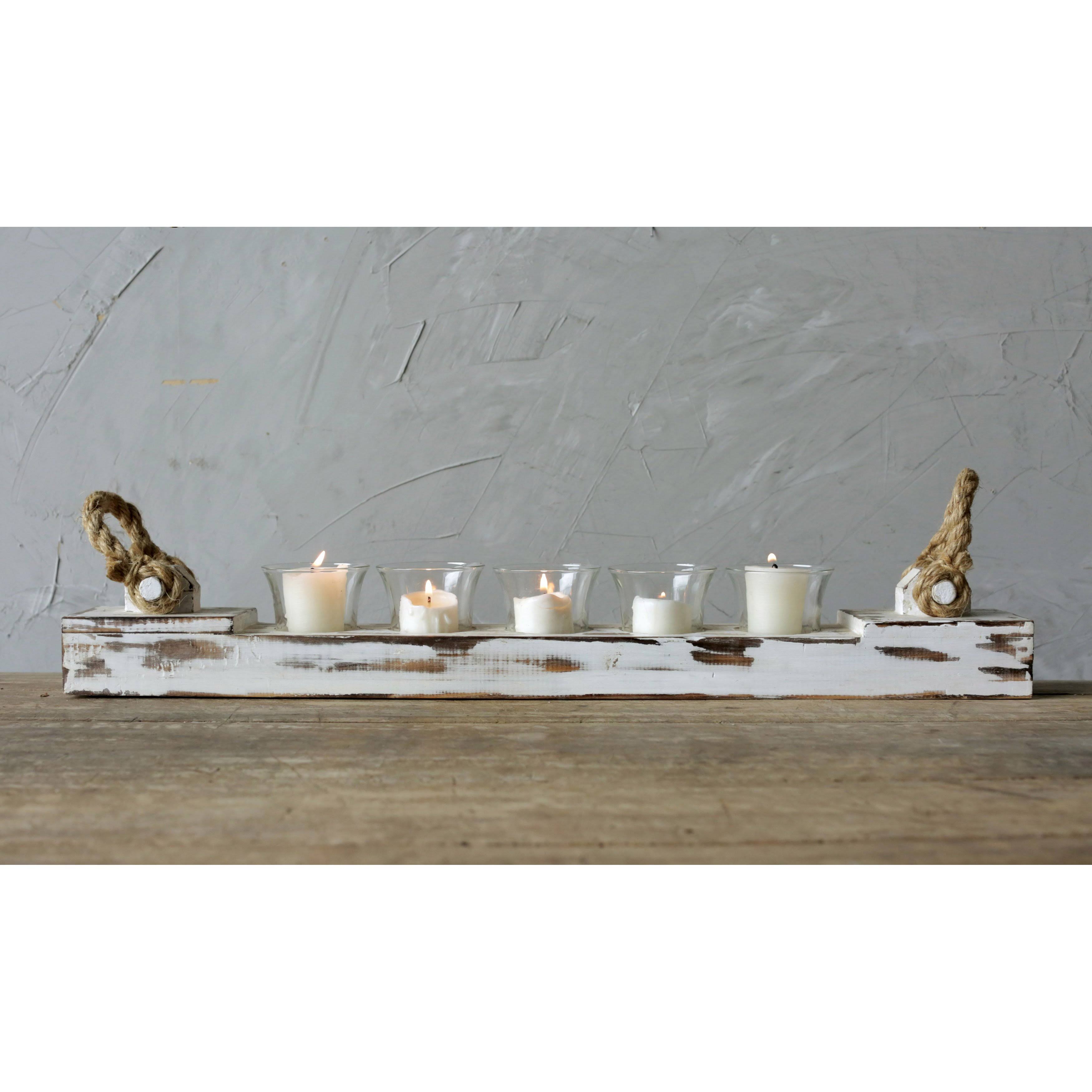 Distressed White Wood Votive Holder with 5 Glass Inserts - Image 2