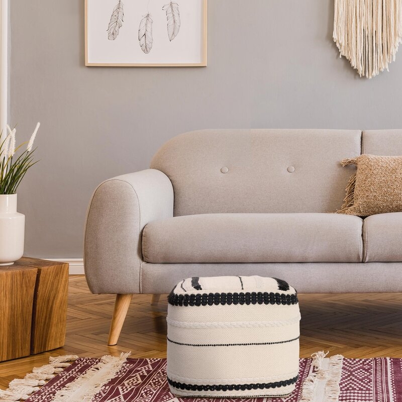 Handwoven Boho Moroccan Floor Pouf Ottoman, Black & White - Image 3