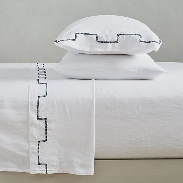 Belgian Linen Ladder Stripe Embroidery Sheet Set, Queen, Slate Melange + White - Image 2