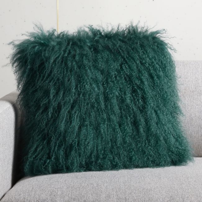 Teal Mongolian Sheepskin Fur Throw Pillow with Feather-Down Insert 16" - Image 0