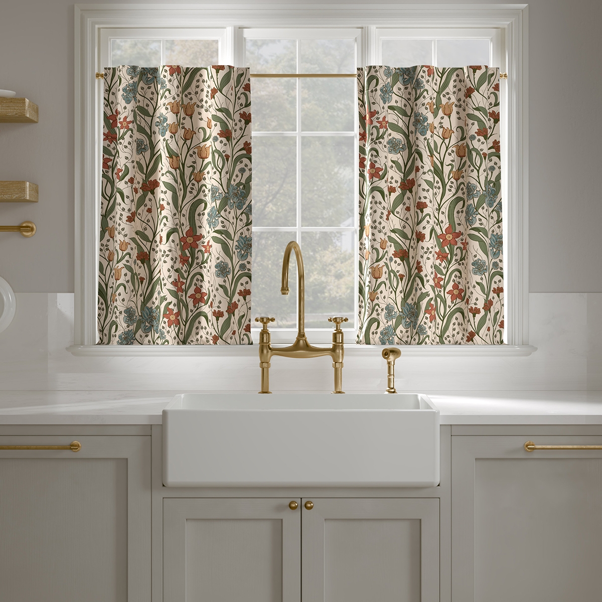 Printed Linen Café Curtain, Cedar Bloomsbury, 25" x 24", Privacy - Image 0