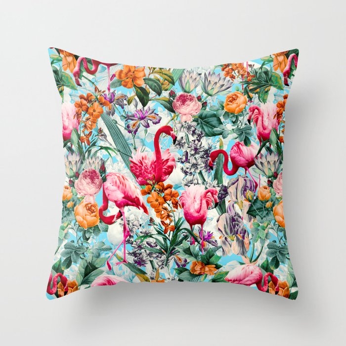Floral And Flamingo Vii Pattern Throw Pillow by Burcu Korkmazyurek - Cover (20" x 20") With Pillow Insert - Indoor Pillow - Image 0