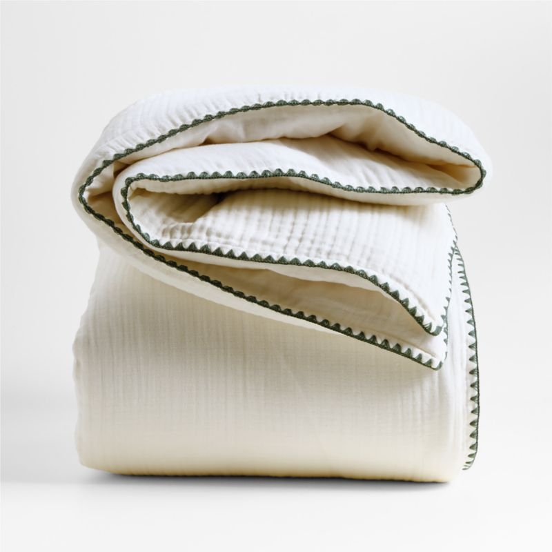 Beckett Pampas Ivory Supersoft Luxe Embroidered Beachglass Green Edge Organic Cotton Kids Twin Duvet By Jake Arnold - Image 0