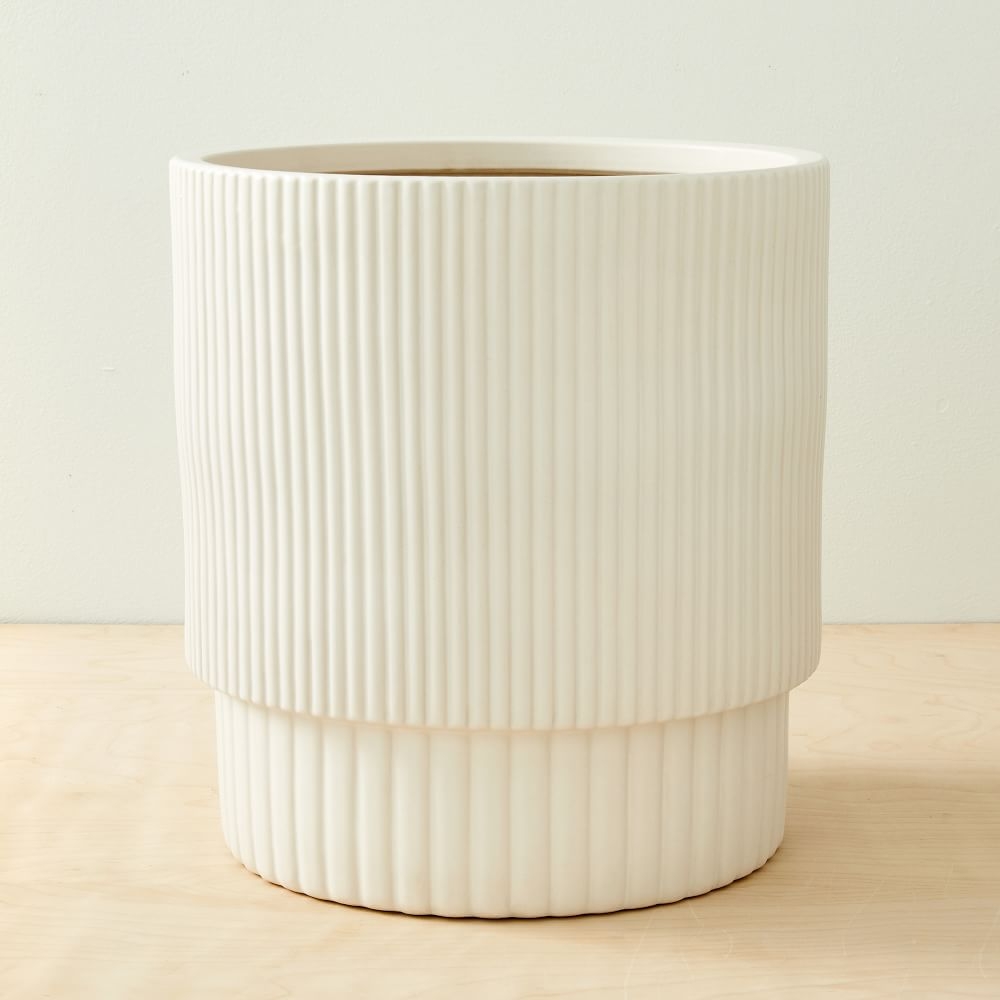 Fluted Ceramic Indoor/Outdoor Floor Planter, 14"D x 15"H, White - Image 0