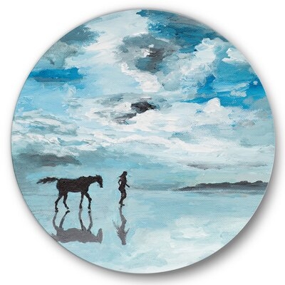 Peaceful Scene Of Man & Horse Running By The Water - Farmhouse Metal Circle Wall Art - Image 0