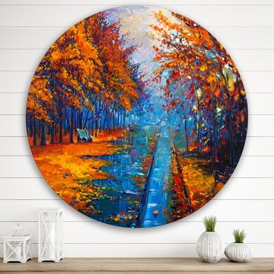 Little Road Through Orange Autumn Landscape II - Traditional Metal Circle Wall Art - Image 0