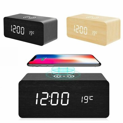 Modern Wooden Wood Digital LED Desk Alarm Clock Thermometer Qi Wireless Charger - Image 0