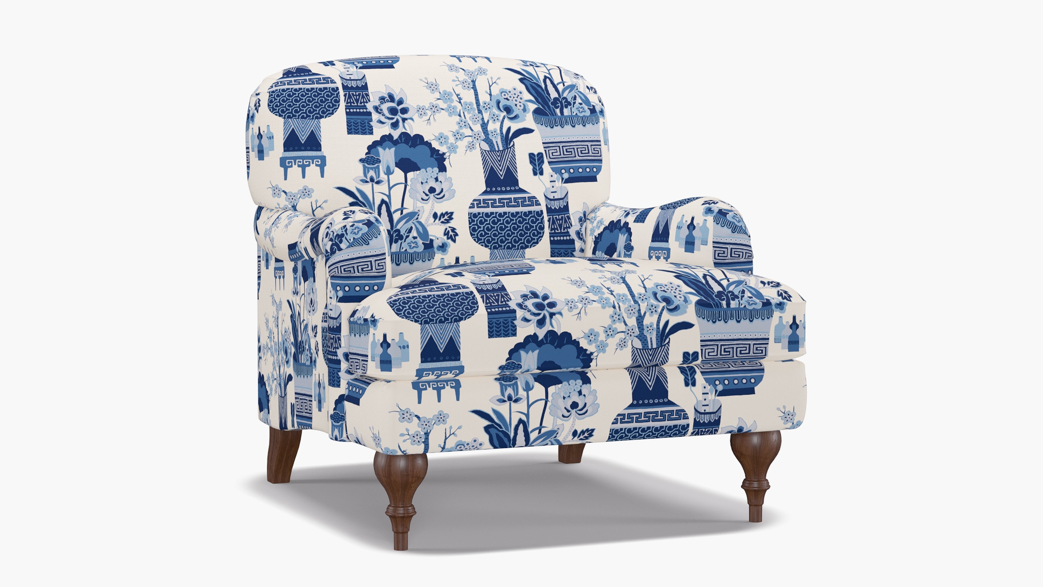 English Roll Arm Chair, Delft Kan-Shie, Walnut Turned Wood Leg - Image 1