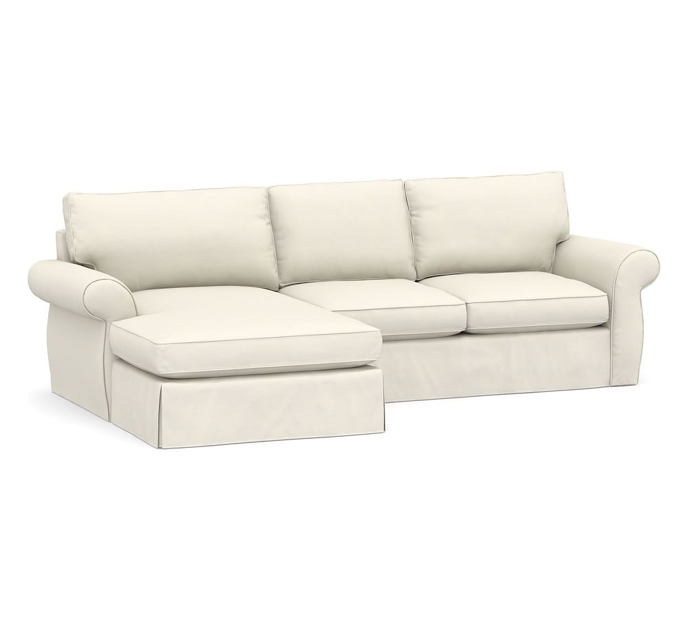 Pearce Roll Arm Slipcovered Right Arm Loveseat with Double Chaise Sectional, Down Blend Wrapped Cushions, Textured Twill Ivory - Image 0