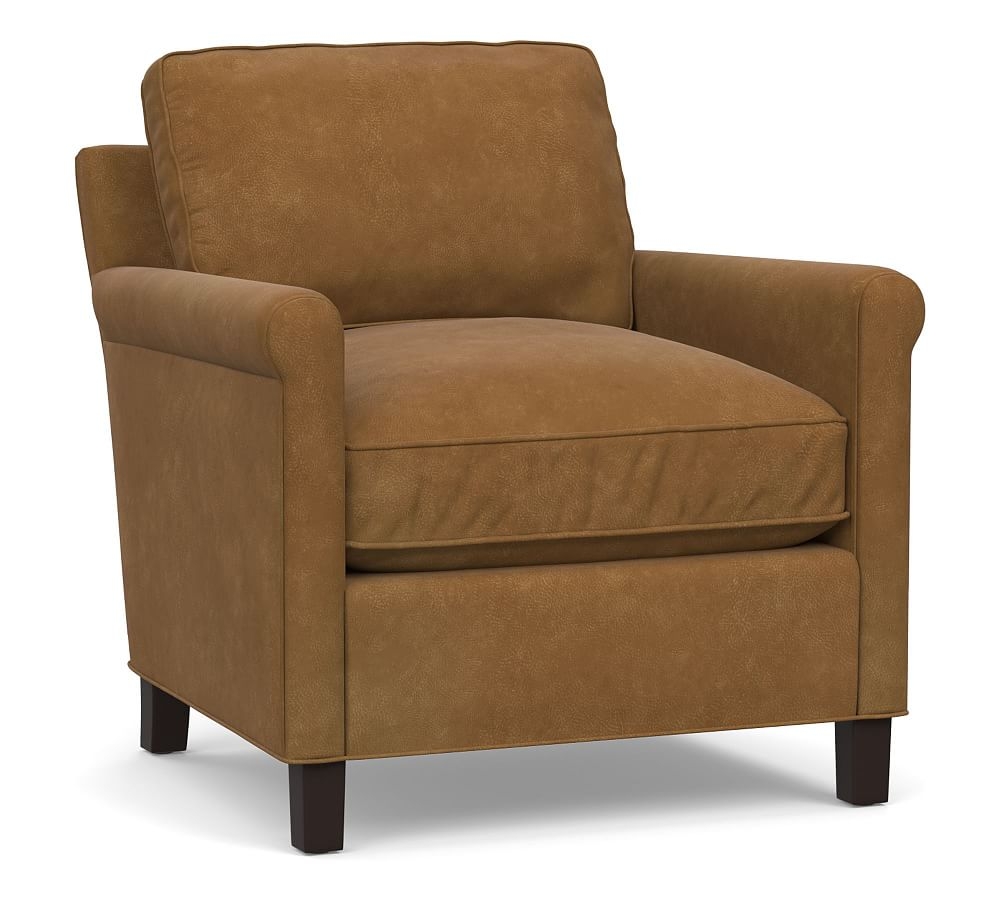 Tyler Roll Arm Leather Armchair without Nailheads, Down Blend Wrapped Cushions, Nubuck Camel - Image 0
