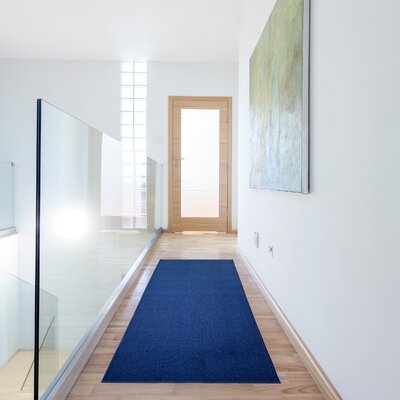 Custom Runner Rug For Hallway Solid Design Blue Color By Your Length Choice Slip Resistant Rubber Backing Stain Resistant Pile - Image 0