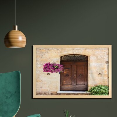 Ambesonne Italian Wall Art With Frame, Rusty Wood Door Flowers In Italy Town Nostalgic Building, Printed Fabric Poster For Bathroom Living Room Dorms, 35" X 23", Cream Lilac Brown - Image 0