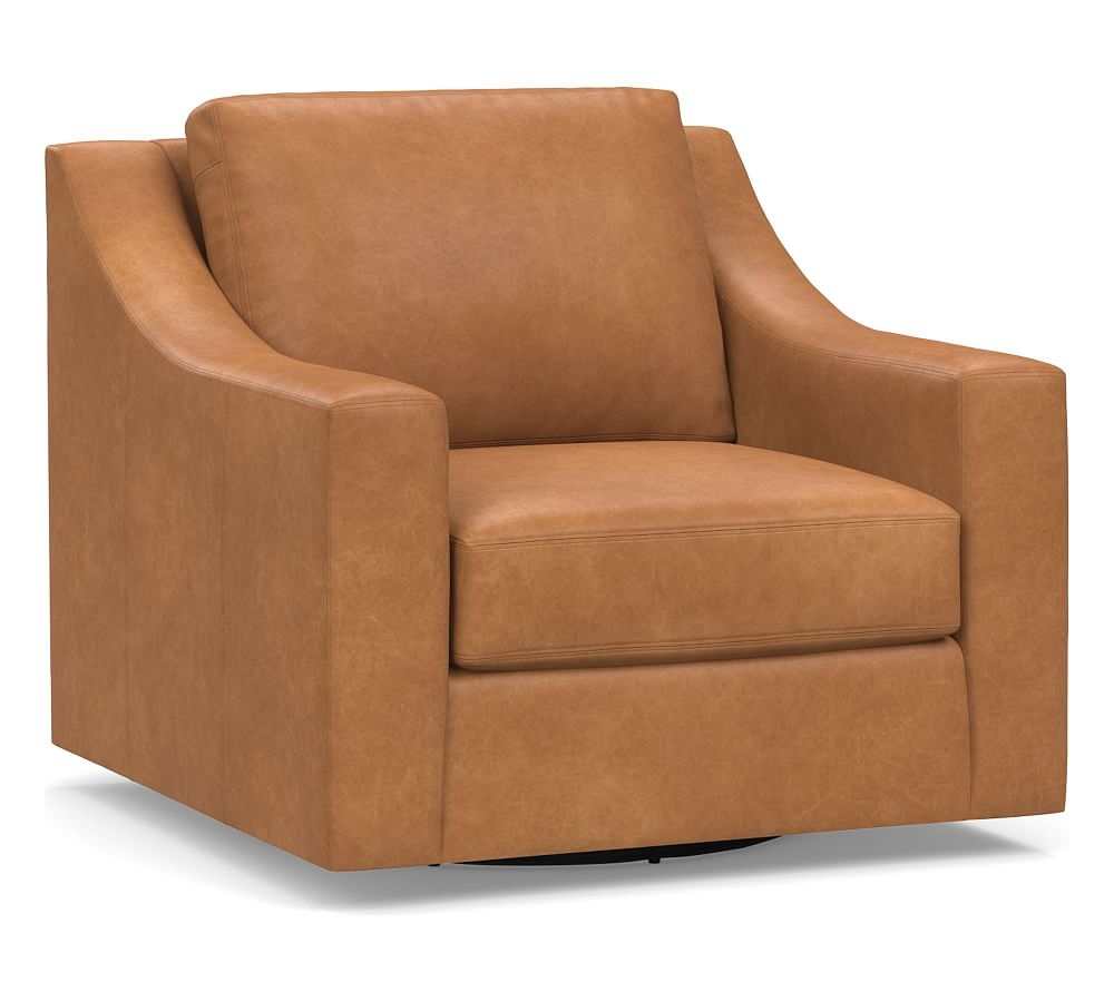 York Slope Arm Leather Swivel Armchair, Polyester Wrapped Cushions, Churchfield Camel - Image 0