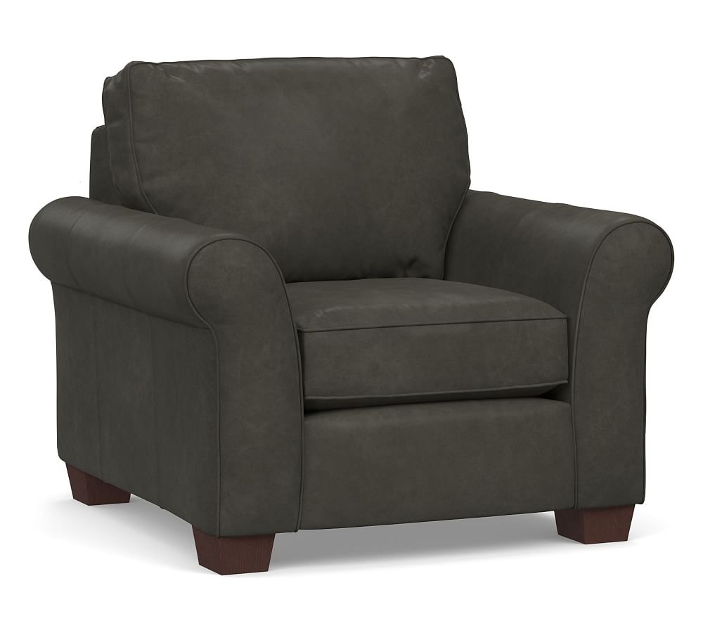 Pb Comfort Roll Arm Leather Armchair, Polyester Wrapped Cushions, Churchfield Ebony - Image 0