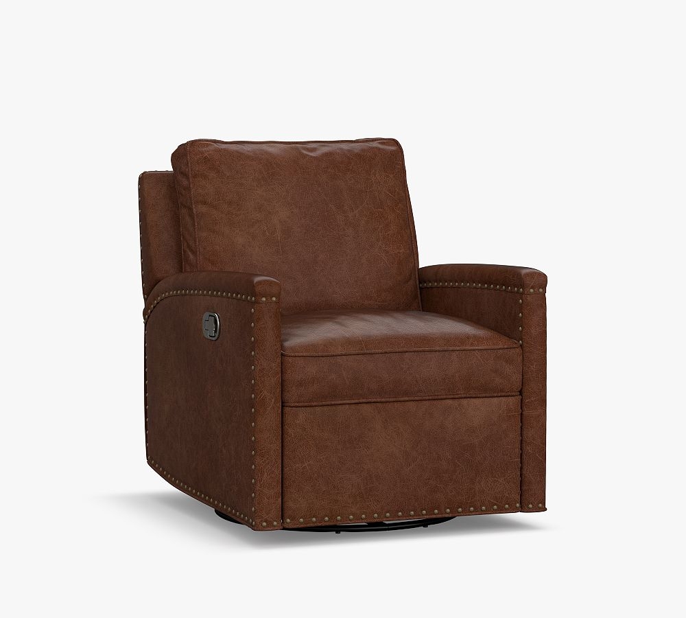 Tyler Square Arm Leather Swivel Recliner with Nailheads, Down Blend Wrapped Cushions, Vintage Caramel - Image 1