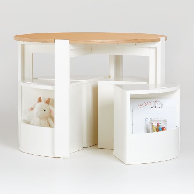 Nesting White and Natural Wood Kids Play Table, Chairs with Storage and Acrylic Mat Set - Image 0