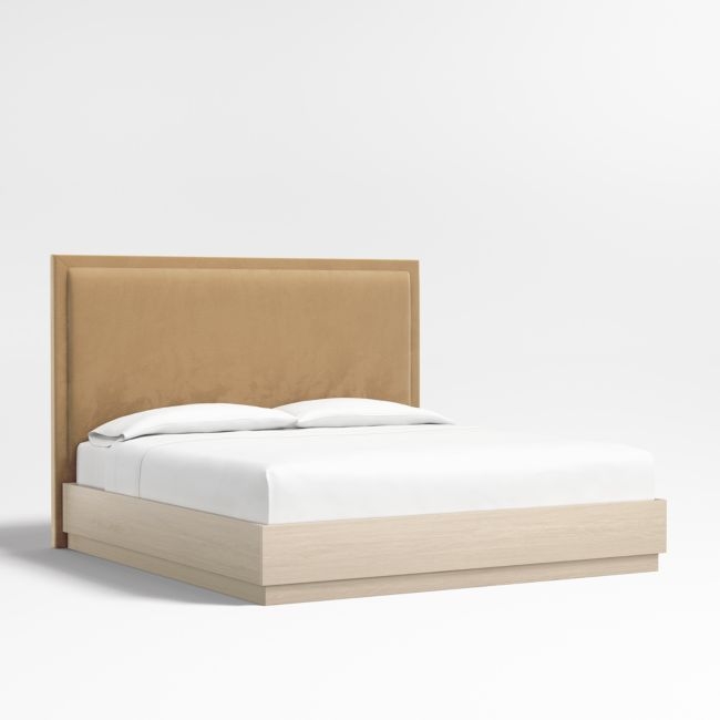 Meraux 56" Camel Brown Upholstered King Headboard with Batten White Oak Bed Base - Image 0