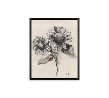 Charcoal Sunflower Sketch, Sunflower with Stem, 16" x 20" Wood Gallery, Black, No Mat - Image 0