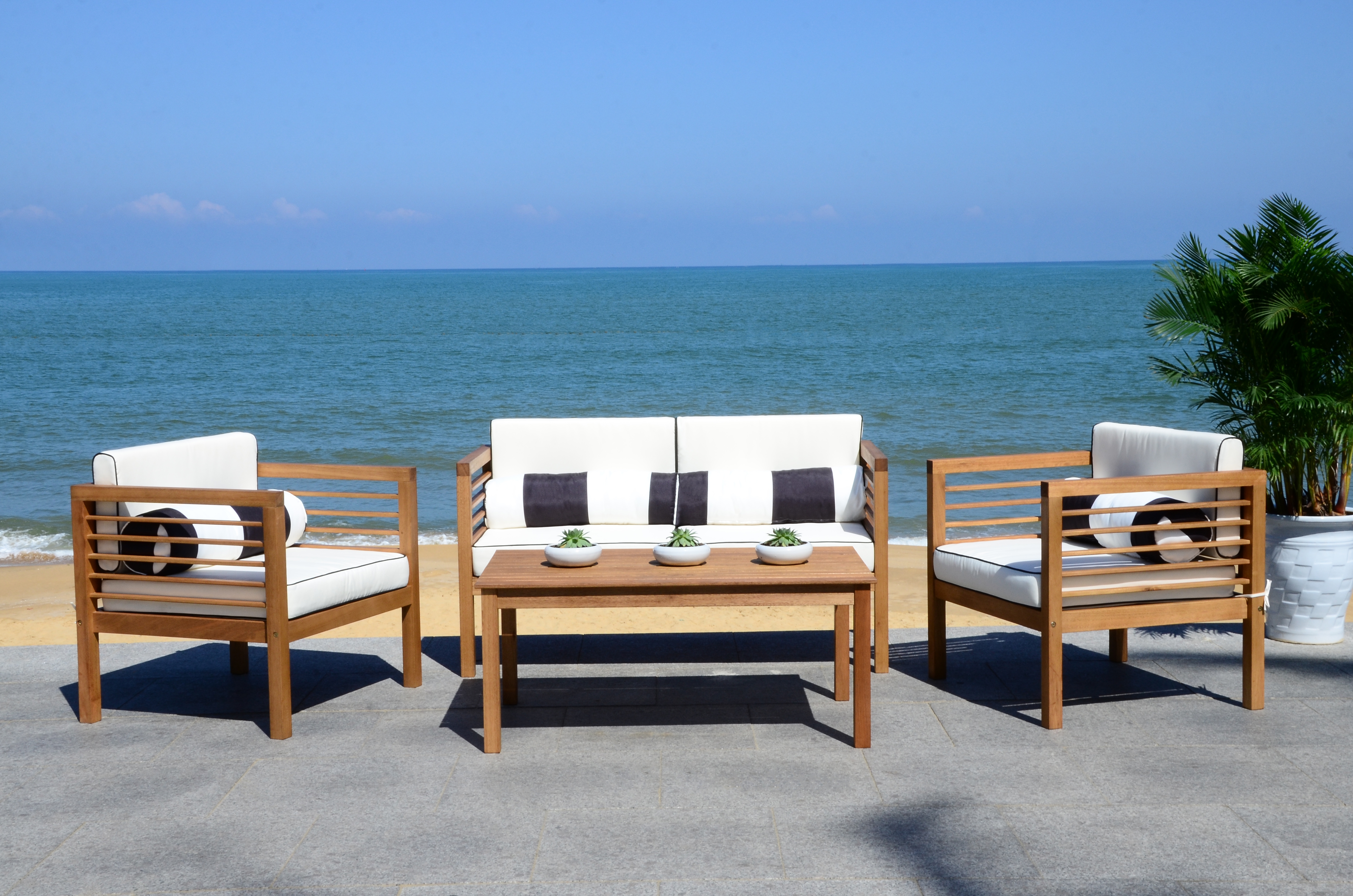 Alda 4 Piece Outdoor Set With Accent Pillows - Natural/Black/White - Safavieh - Image 5