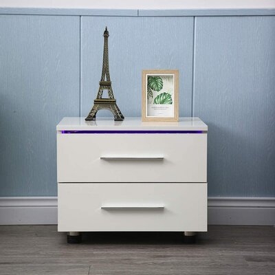 2 Drawers High Gloss LED Light Nightstand Modern Bedside Table Night Stand White - Image 0