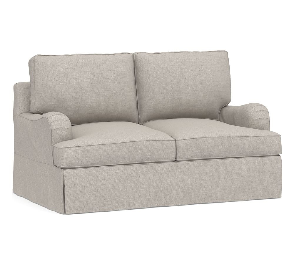 PB English Arm Slipcovered Loveseat 62", Down Blend Wrapped Cushions, Chunky Basketweave Stone - Image 0