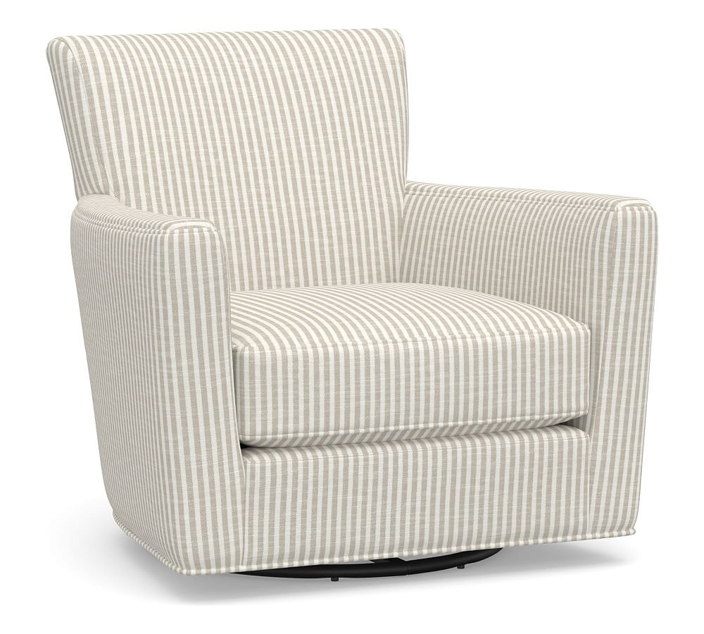 Irving Square Arm Upholstered Swivel Armchair, Polyester Wrapped Cushions, Classic Stripe Oatmeal - Image 0