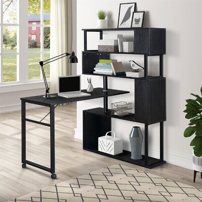 Multi- Purpose In One Design Computer Desk With 5-Story Bookshelf,Minimalist Writing Desk With Lockable Casters - Image 0