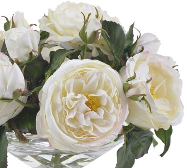 Faux White Rose Composed Arrangement, Glass Vase - 10'' - Image 1