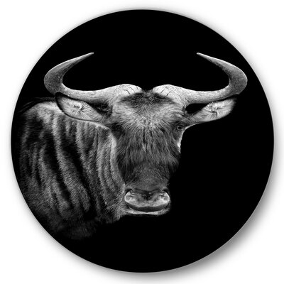 Monochrome Portrait Of Wildebeest - Farmhouse Metal Circle Wall Art - Image 0