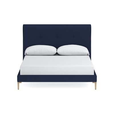 Brooklyn Tufted Bed, Queen, Performance Slub Weave, Navy, Antique Brass - Image 0