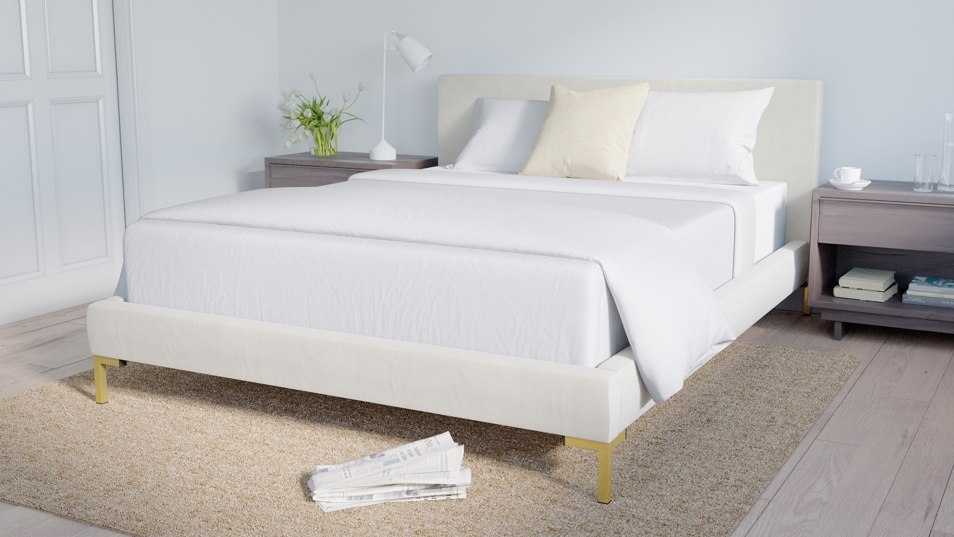 Modern Platform Bed, White Classic Velvet, Brass, Queen - Image 3