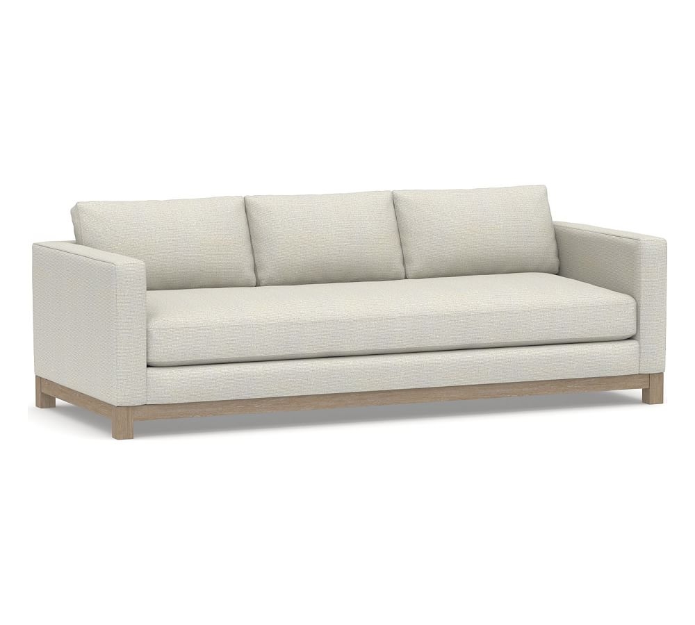 Jake Upholstered Grand Sofa 95" with Wood Legs, Polyester Wrapped Cushions, Performance Heathered Basketweave Dove - Image 0