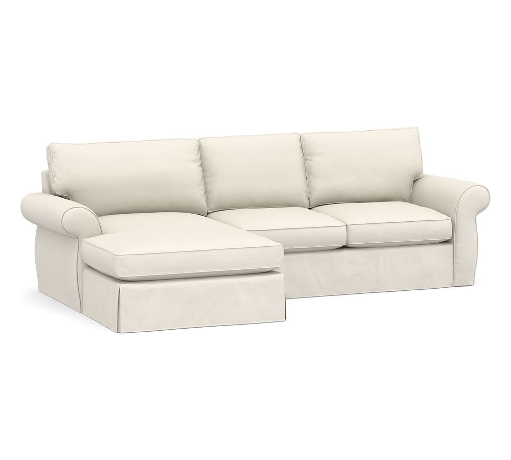 Pearce Roll Arm Slipcovered Right Arm Loveseat with Double Wide Chaise Sectional, Down Blend Wrapped Cushions, Performance Heathered Tweed Ivory - Image 0