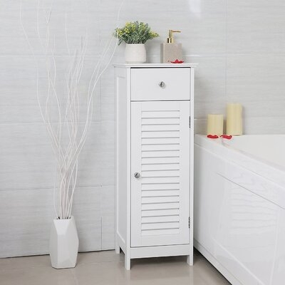 Bathroom Floor Cabinet Storage Organizer Set With Drawer And Single Shutter Door Wooden White - Image 0