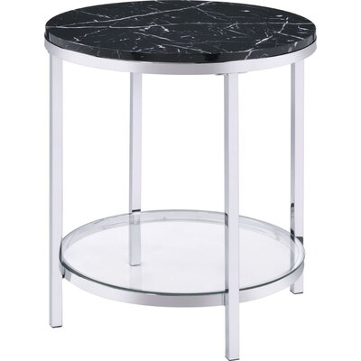 End Table With Round Faux Marble Top And Glass Shelf, Black - Image 0