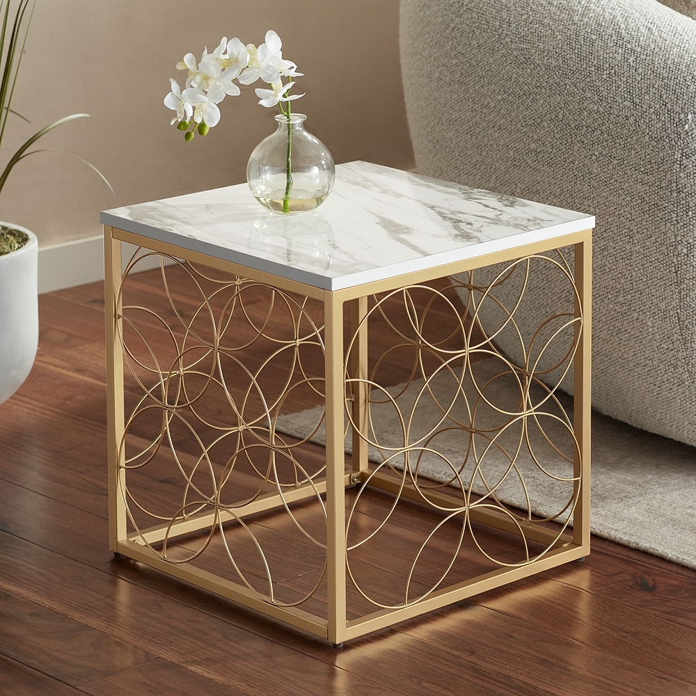 Karin 17" Wide Faux Marble and Gold Side Table - Image 0
