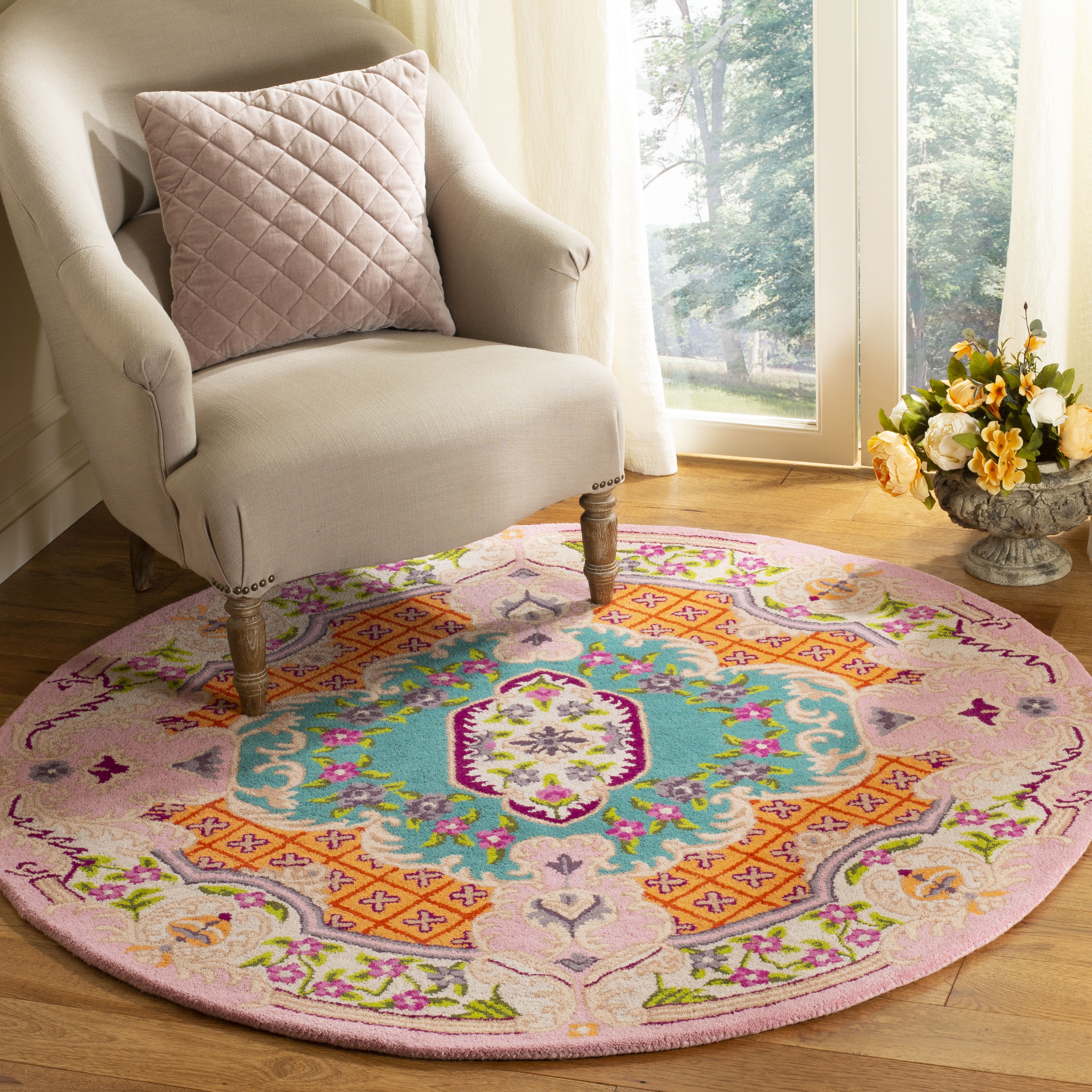Arlo Home Hand Tufted Area Rug, BLG535M, Blue/Pink,  5' X 5' Round - Image 1