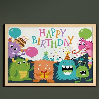 Ambesonne Birthday Party Wall Art With Frame, Little Monsters The Celebration Cones Rain And Balloons Image, Printed Fabric Poster For Bathroom Living Room Dorms, 35" X 23", Multicolor - Image 0