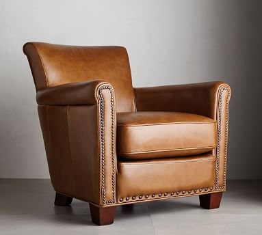 Irving Roll Arm Leather Armchair, Bronze Nailheads, Polyester Wrapped Cushions Churchfield Camel - Image 4