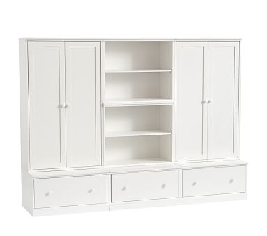 Cameron 2 Bookcase Cubby, 2 Tall Cabinet, &amp; 3 Drawer Base Set, Simply White, Flat Rate - Image 0