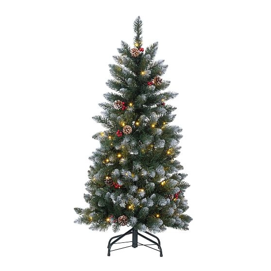 Pine Tree w/ Pine Cones & Red Berries, 100 Warm White LED Lights, Green, 4' - Image 0