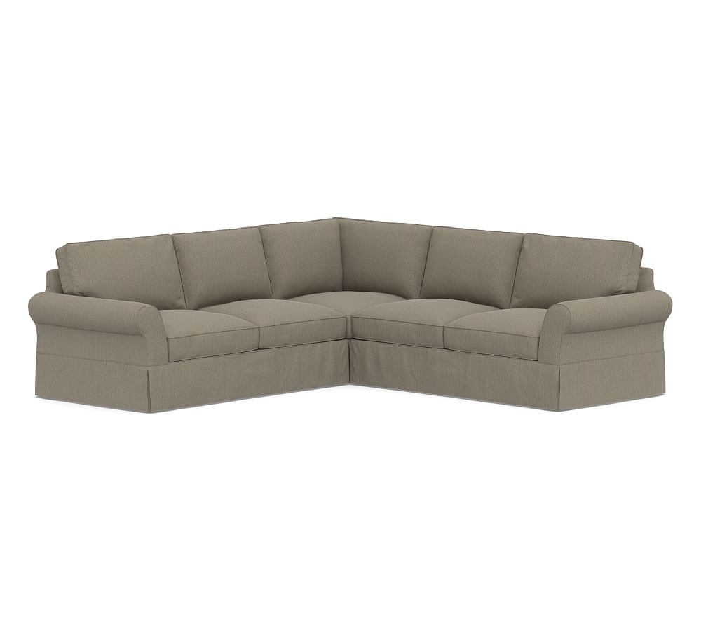 PB Comfort Roll Arm Slipcovered 3-Piece L-Shaped Corner Sectional, Box Edge Down Blend Wrapped Cushions, Chenille Basketweave Taupe - Image 0