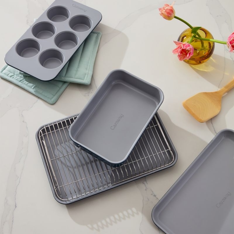Caraway ® Cream Ceramic Non-Stick 5-Piece Mini Bakeware Set with Storage Tray - Image 4