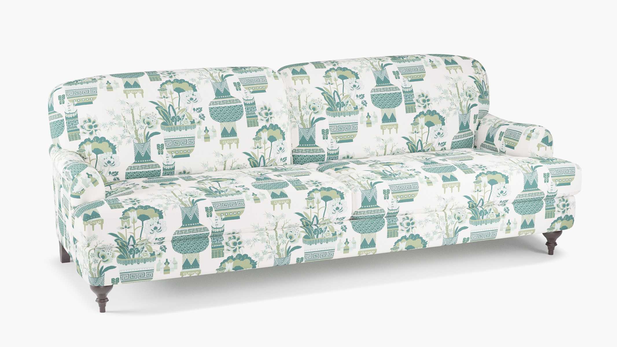 English Roll Arm Sofa, Pistachio Kan-Shie, Espresso Turned Wood Leg - Image 1