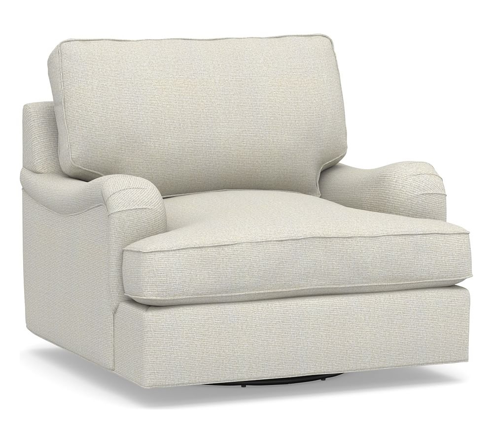 PB English Arm Upholstered Swivel Armchair, Down Blend Wrapped Cushions, Performance Heathered Basketweave Dove - Image 0