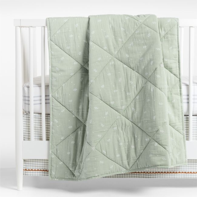 Supersoft Muted Teal Leaf Print Organic Cotton Gauze Baby Crib Quilt - Image 0