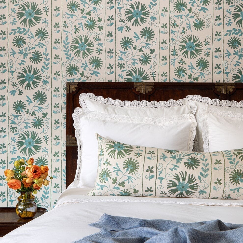 Sage Ribbon Suzani Outdoor Performance Fabric by St. Frank | Green | Printed Width: 54" W Pattern Size: 27" W x 33" V, | Polyester - Image 1